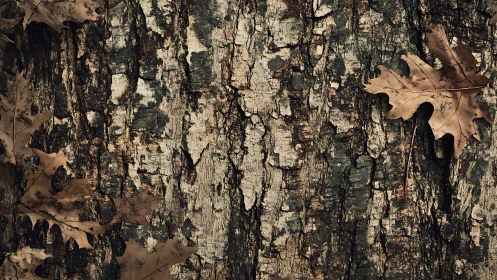 Weathered tree bark welcomes scattered autumn oak leaves