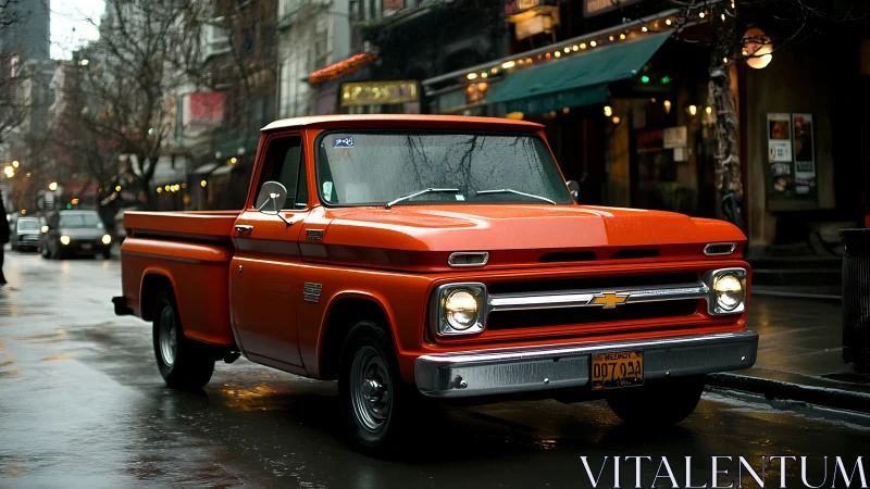 Vintage orange pickup truck is parked on a wet city street
