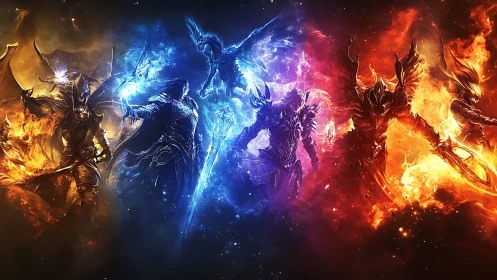 Elemental armored warriors in symmetric fiery and icy standoff