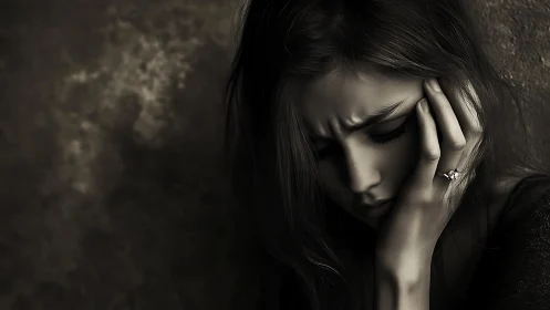 Melancholy woman in dramatic lighting, emotional portrait style.