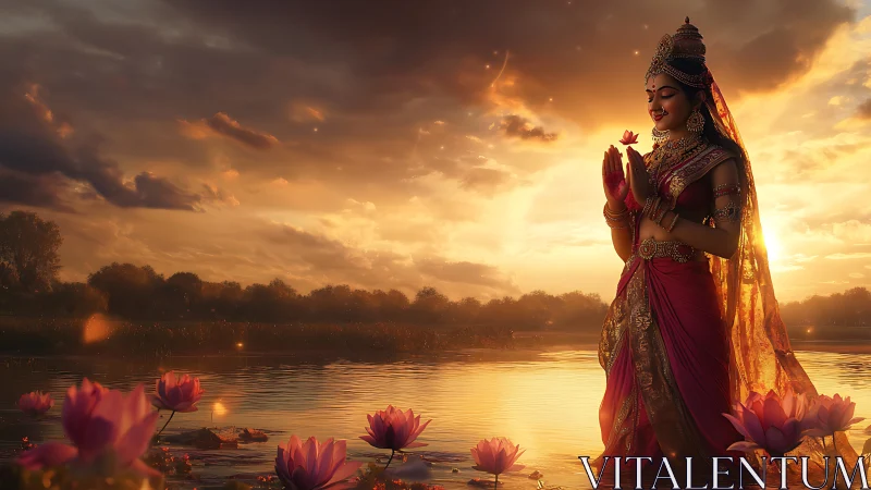 Sunrise goddess in lotus lake, draped in luminous devotion.