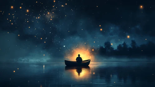 Solitary figure in boat watches glowing horizon under stars