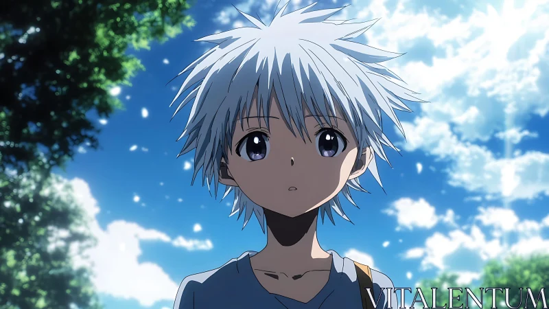 White haired anime boy in sunlit park under vivid blue sky
