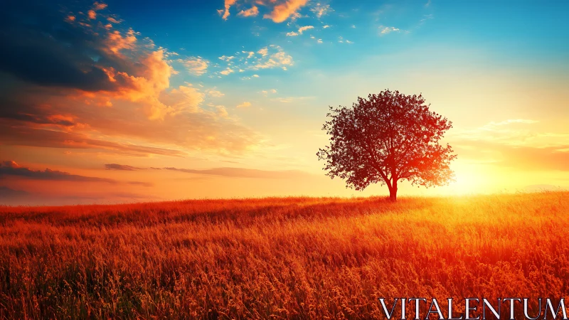 Solitary tree in sunlit field under vivid evening sky.