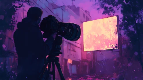 Cameraperson recording illuminated screen in urban alley.