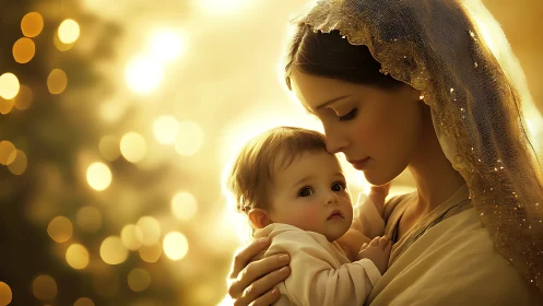 Golden hush of mother and child in candlelit embrace.