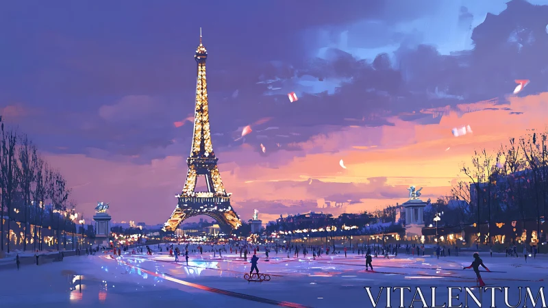 Eiffel Tower glows over winter Paris skating plaza at dusk