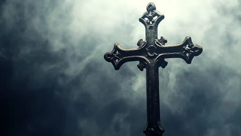 Weathered metal cross rises calmly through soft swirling mist