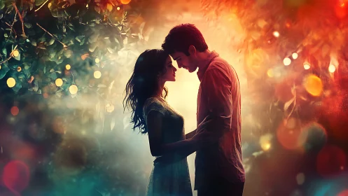Romantic Couple Embracing in Golden Bokeh Light.