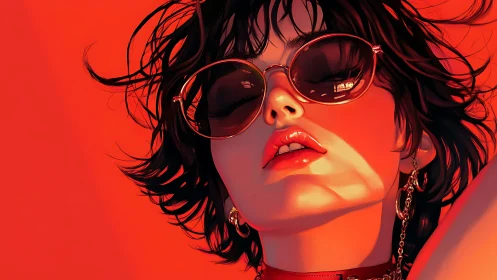 Sultry woman in sunglasses poses under intense red light