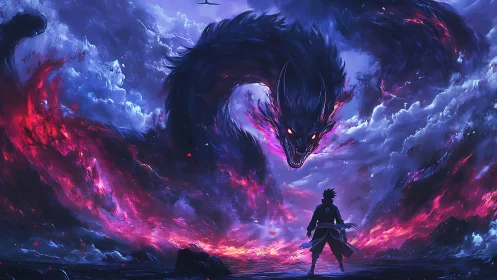 Stormlit warrior negotiates with colossal cosmic shadow serpent