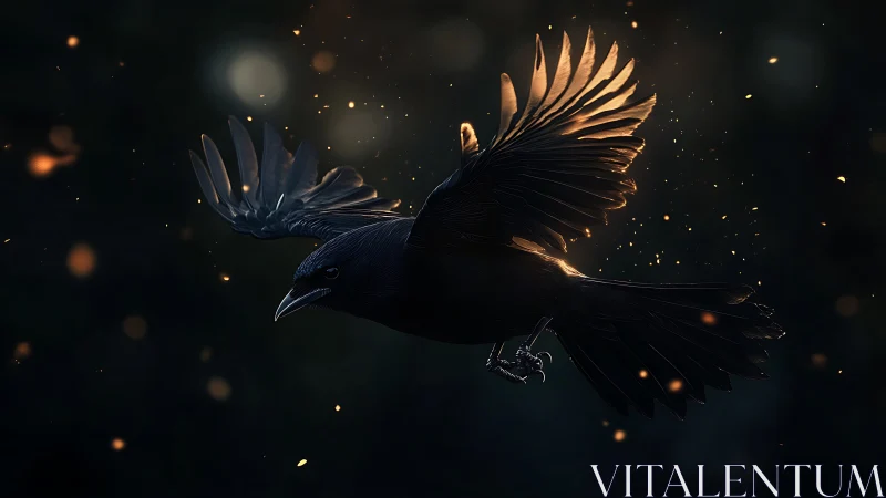 Black bird in mid-flight crosses dark frame with sparks
