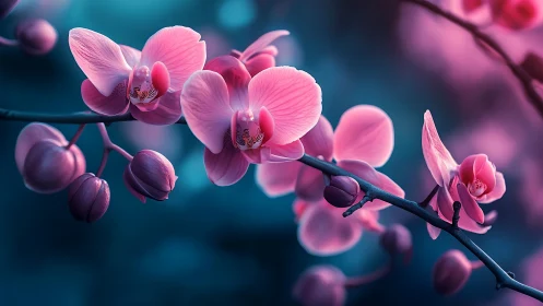 Pink Orchid Blooms on Dark Branch with Bokeh Background.