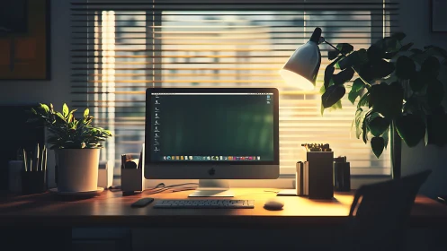 Desktop computer on wooden desk with plants and lamp in office