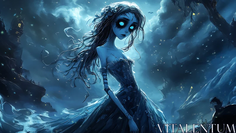 Gothic undead bride rendered in moody cyan digital painting
