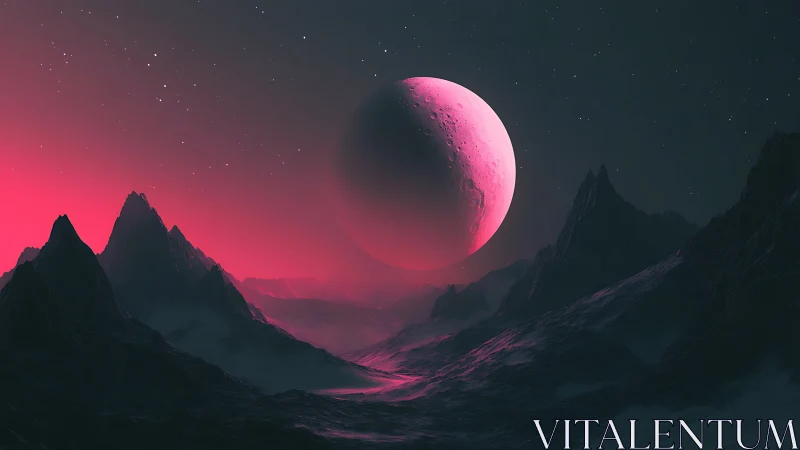 Crimson alien moon rises gently above shadowed valleys