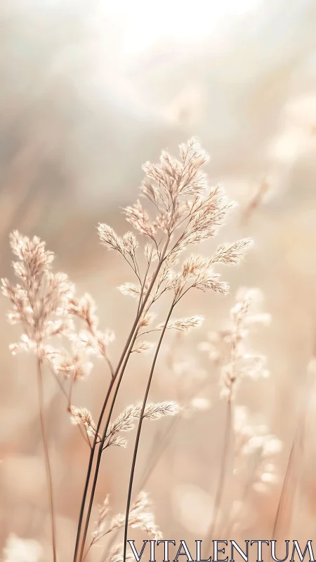 Backlit wild grass stems in soft golden hour bokeh field