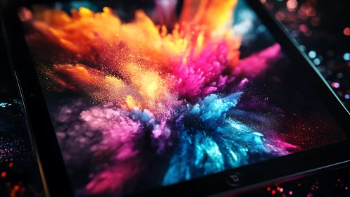 Colorful digital explosion dances across a glowing tablet screen
