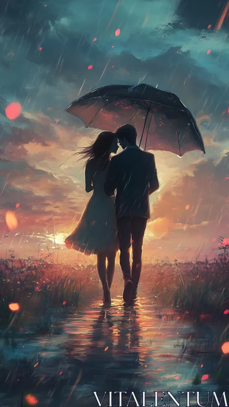 Rain-Soaked Romance: Silhouettes Sheltered Under Glowing Umbrella