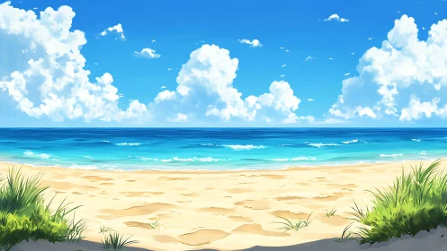 Digital illustration presents a clear seashore under clouds