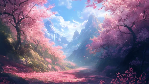 Radiant valley of cherry blossoms with atmospheric mountain depth
