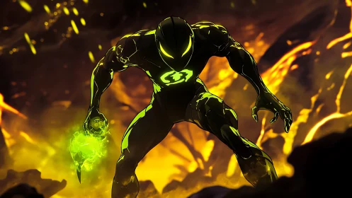 Neon armored warrior stalks molten battlefield in shadows.