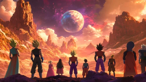 Warriors observe glowing planet above dramatic alien canyon