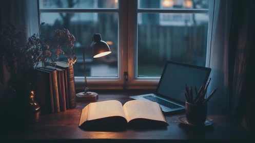 Open book glows under lamplight in a tranquil evening study