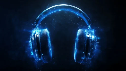 Digital blue over-ear headphones rendered with particle glow.