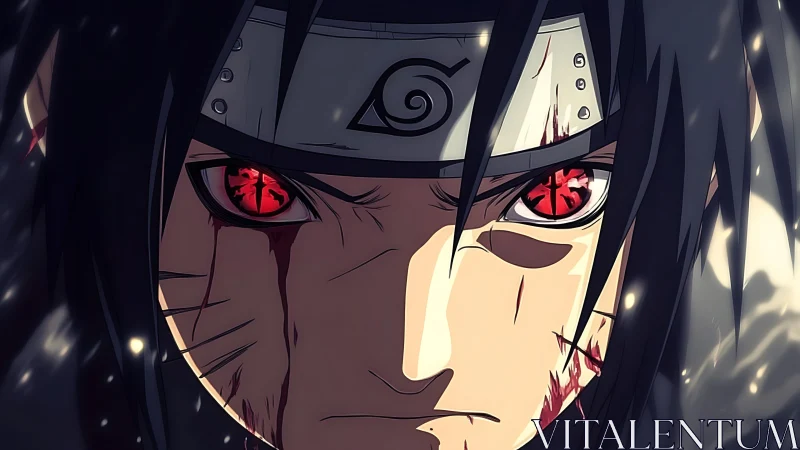 Intense anime warrior close‑up with glowing red combat eyes