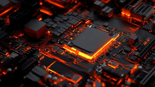 Glowing CPU on dark motherboard with orange circuit paths.