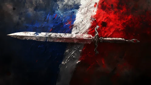 Sword across bold tricolor strokes of light and shadow.
