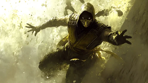 Hooded masked warrior lunges through exploding yellow smoke