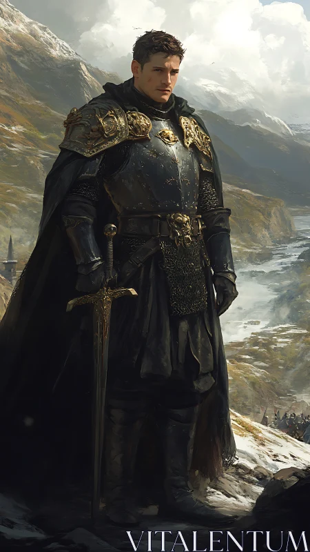 Armored medieval knight with sword in mountainous landscape.