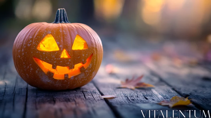 Glowing jack-o’-lantern smiles on a rustic wooden table.