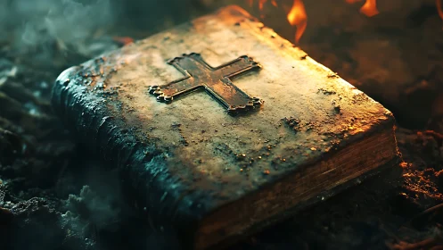Battle-scarred holy book glowing in ember-laced twilight.