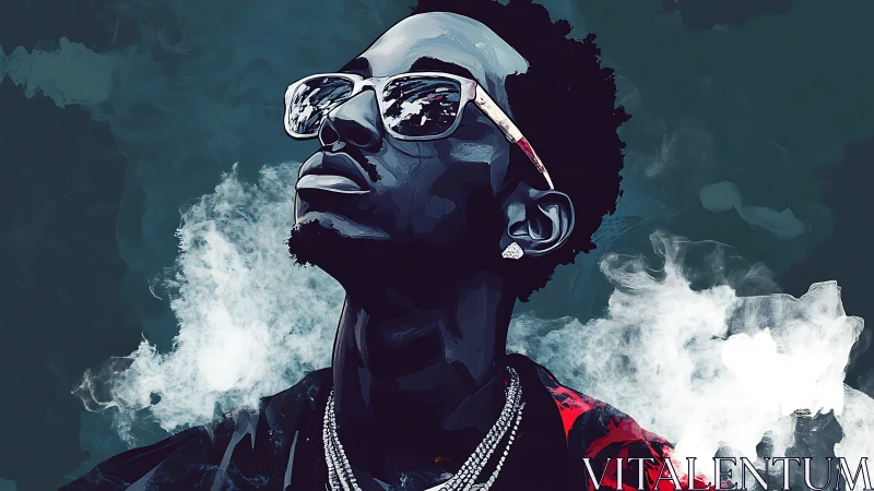 Vectorized portrait with smoke plumes and reflective eyewear.