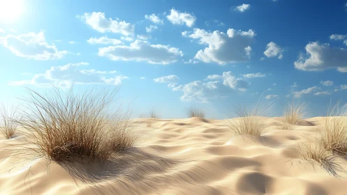 Wind-sculpted desert dunes cradle silver grass under silence.
