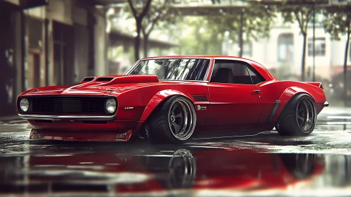 Scarlet muscle machine prowls rain-slicked city streets.