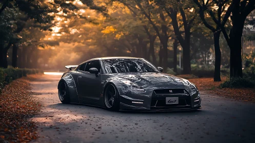 Midnight-gray GTR lounges under autumn’s glowing tunnel of trees