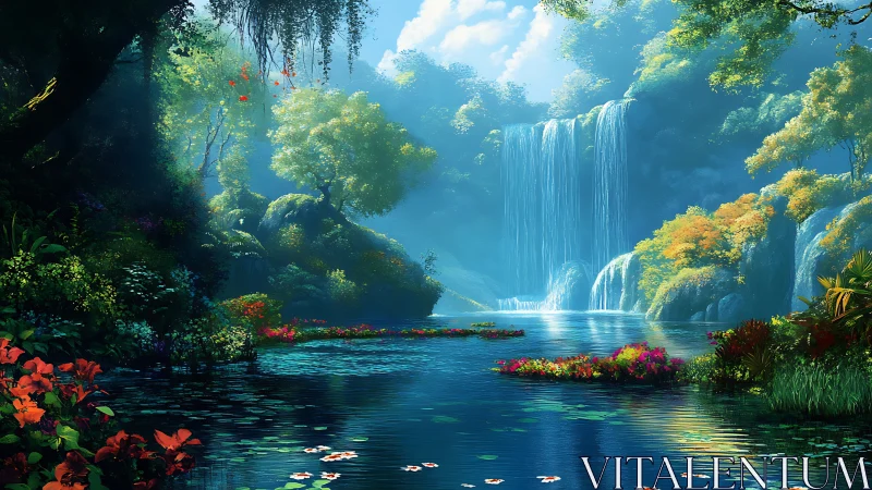 Luminous tropical waterfall basin rendered in high-saturation digital color