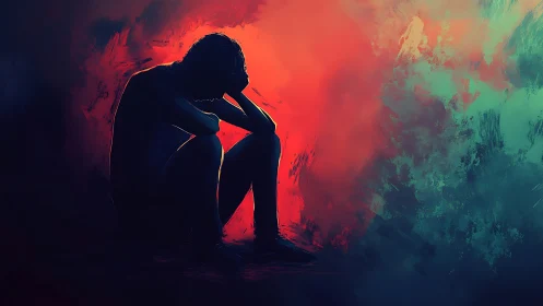 Silhouetted figure embodies isolation in burning neon void.