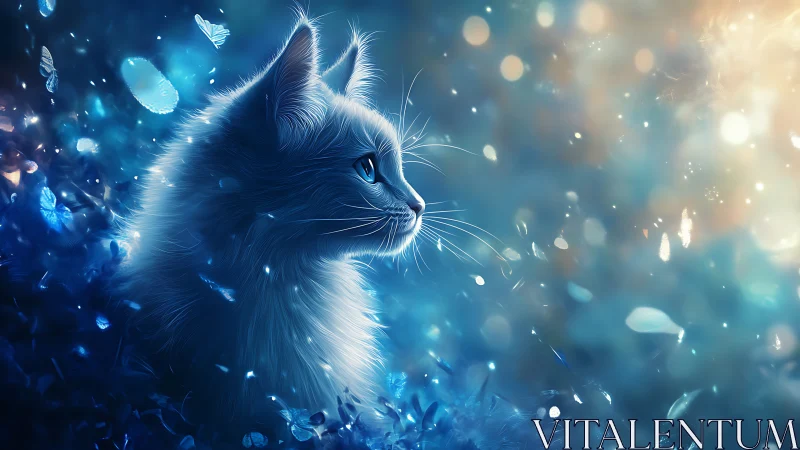 Luminescent cat rendered in digital illustration with magical particle effects