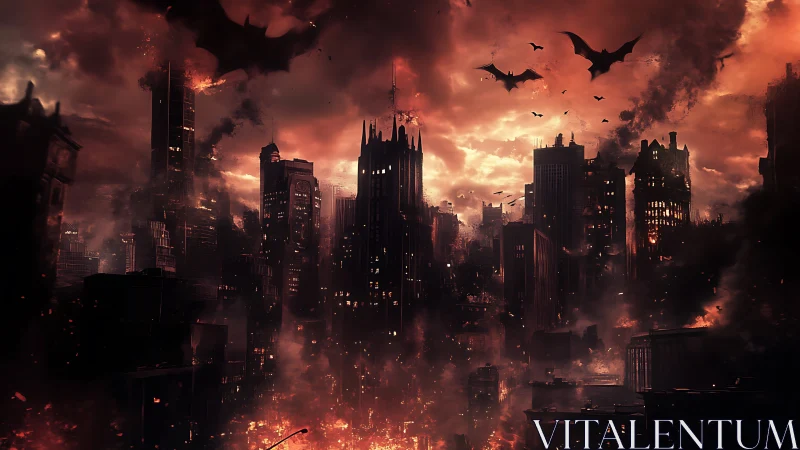 Apocalyptic digital cityscape with burning gothic high-rises.