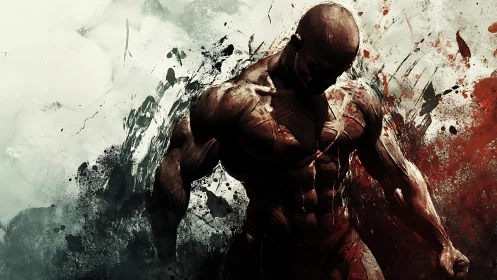Muscular figure emerging through abstract blood-splatter field.
