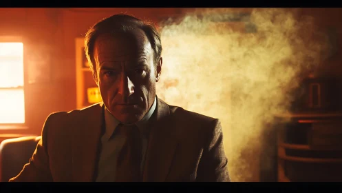 Middle aged man in suit framed by dramatic backlight haze