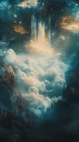 Towering luminous spires rise from dense celestial clouds