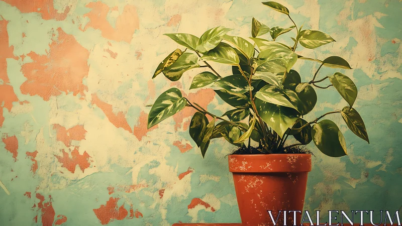 Sunlit potted plant against a dreamy textured wall.