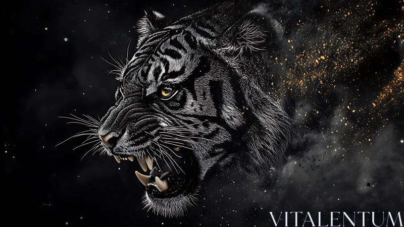 Roaring black tiger portrait rendered in high-contrast digital art