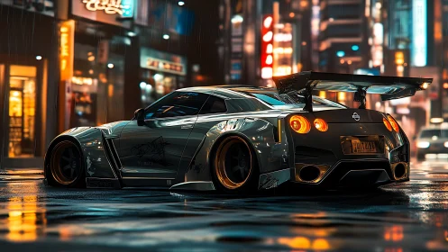 Neon-soaked street racer prowls a rainlit cyber cityscape.
